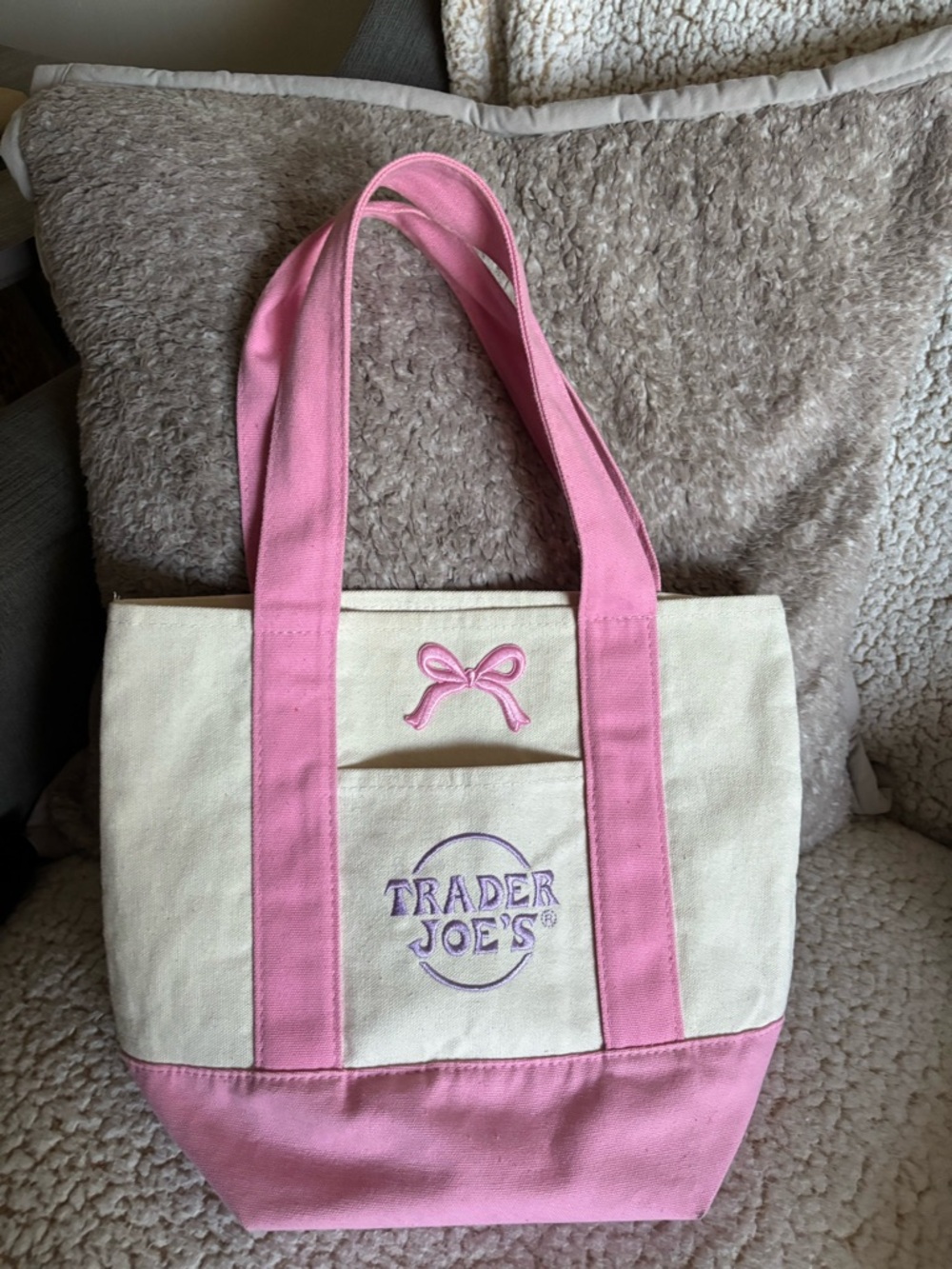 Trader Joe's Pink & Cream Canvas Tote Bag with embroidered Bow